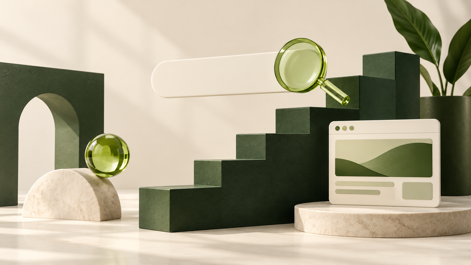 Conceptuele illustratie van een zoekbalk, vergrootglas en oplopende groene treden